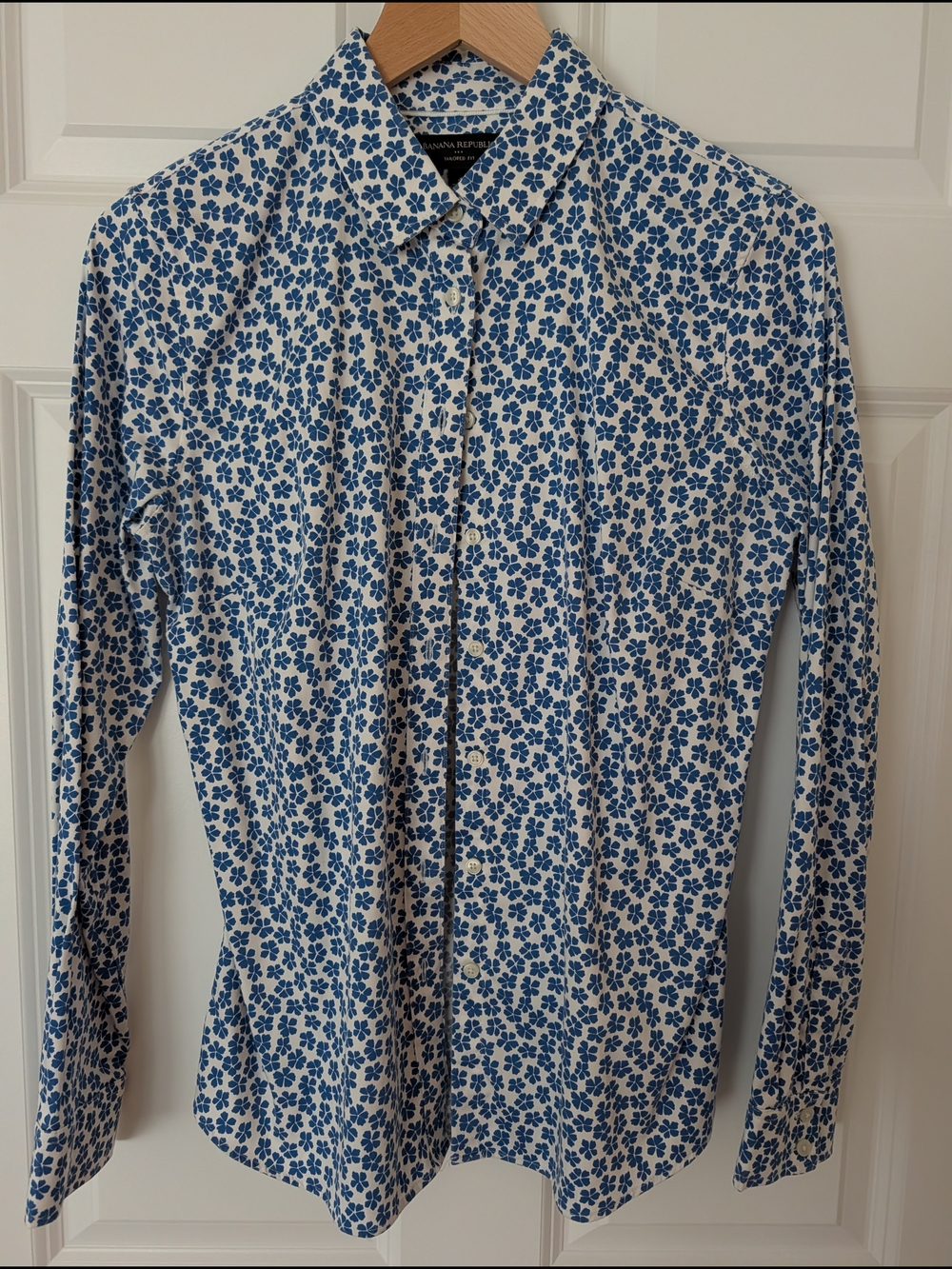 Banana Republic White Shirt with Blue Floral Print, Size 4